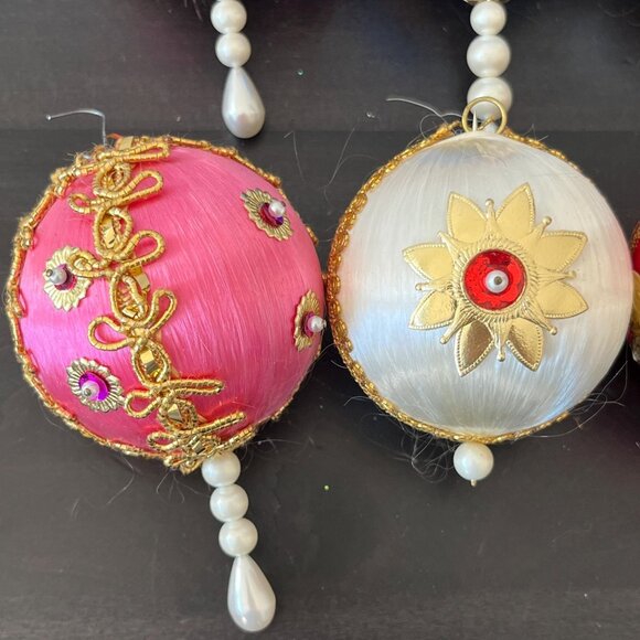 Vintage Beaded Satin Ball Ornaments // Handmade Gold Trimmed Push Pin Pearls - Picture 3 of 5